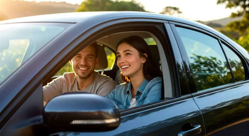 A smiling man and woman sit in a car, representing a positive experience with their insurance company.