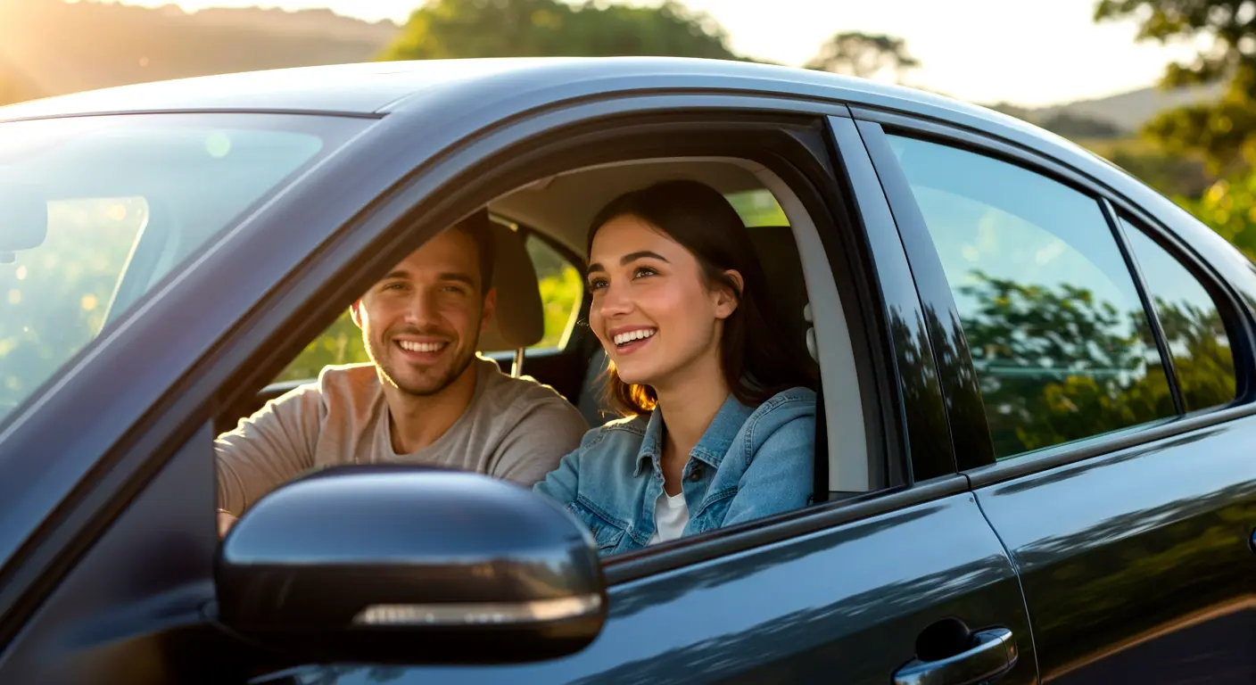 A smiling man and woman sit in a car, representing a positive experience with their insurance company.
