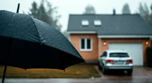 A car parked in front of a house with an umbrella, representing a scene related to an insurance company.