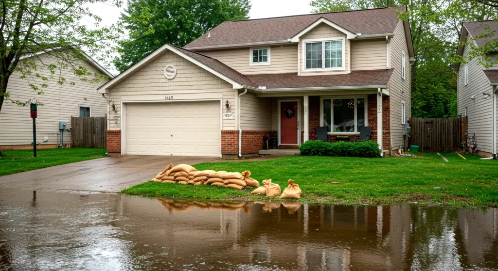 A house with sandbags in front, indicating flood protection measures for an insurance company assessment.
