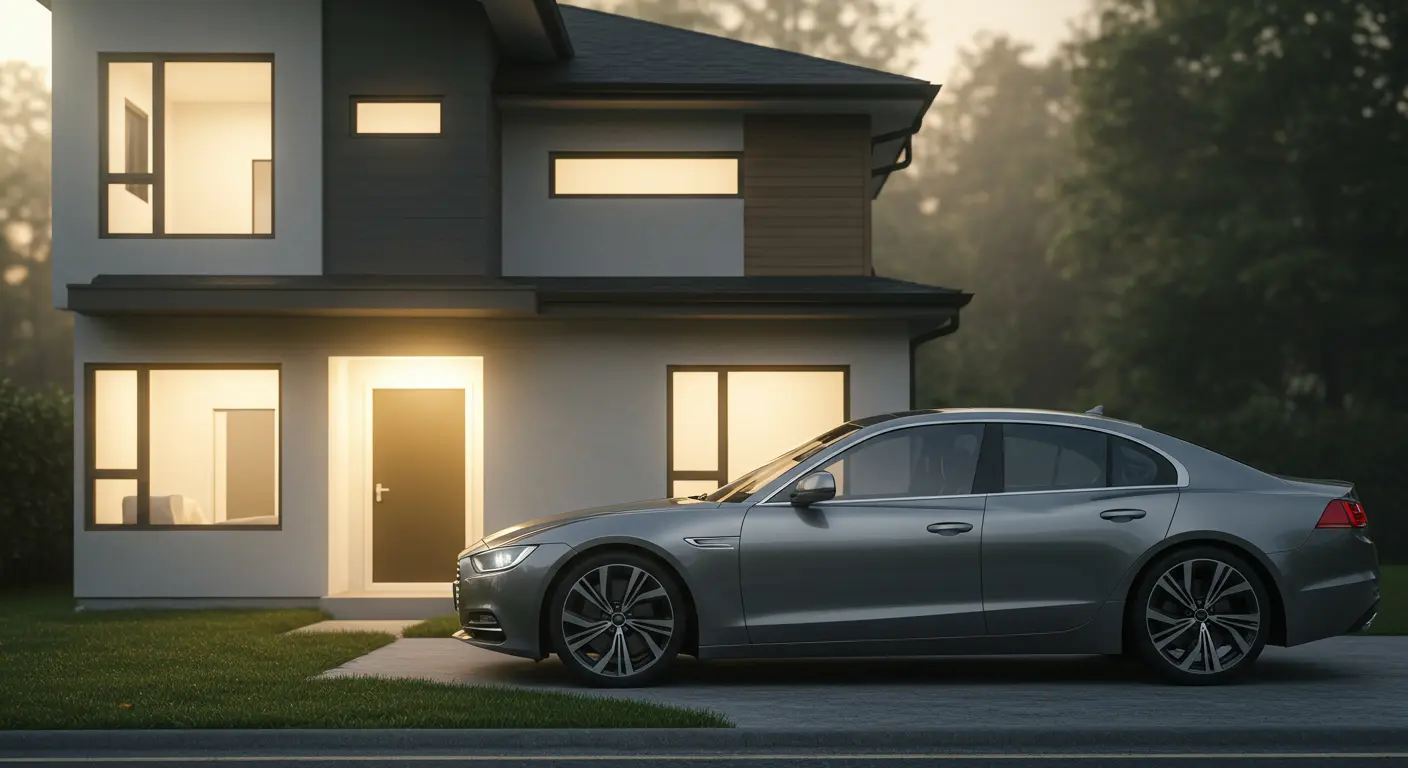 A silver Audi car parked in front of a house, representing an insurance company’s promotional image.