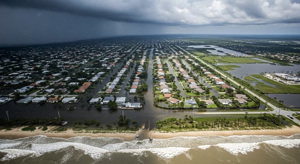 Vista aérea de Florida mostrando inundaciones costeras y en el interior, con tormentas intensas y calles anegadas