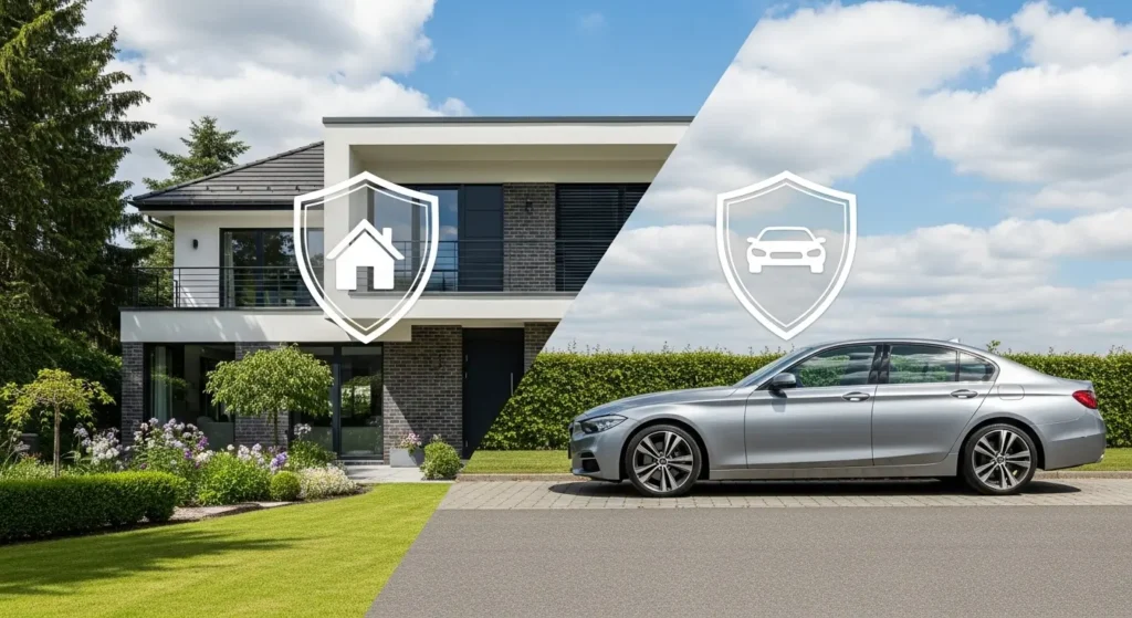 Realistic image showing a home and car side by side, symbolizing home and auto insurance coverage