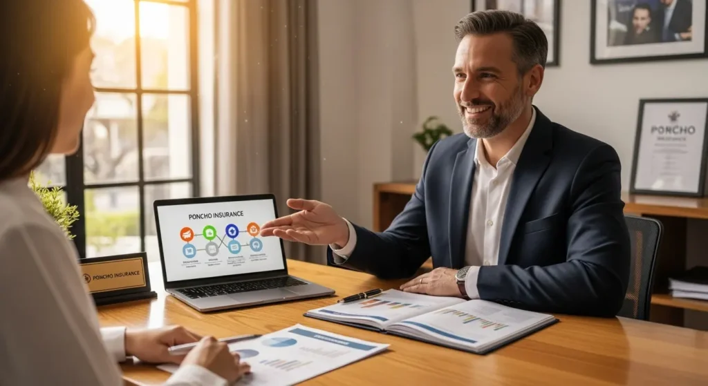 Insurance agent helping a client understand Poncho Insurance coverage in a bright, professional setting.