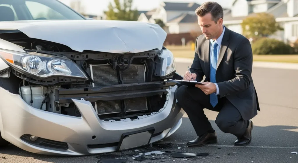 Insurance adjuster inspecting a damaged car during the investigation and liability assessment process