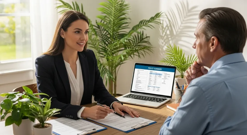 “Insurance agent explaining Florida’s specific policy exclusions to a homeowner in a bright, professional setting.”