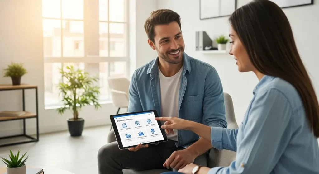 Insurance agent explaining optional policy endorsements to a client using a tablet in a bright office.